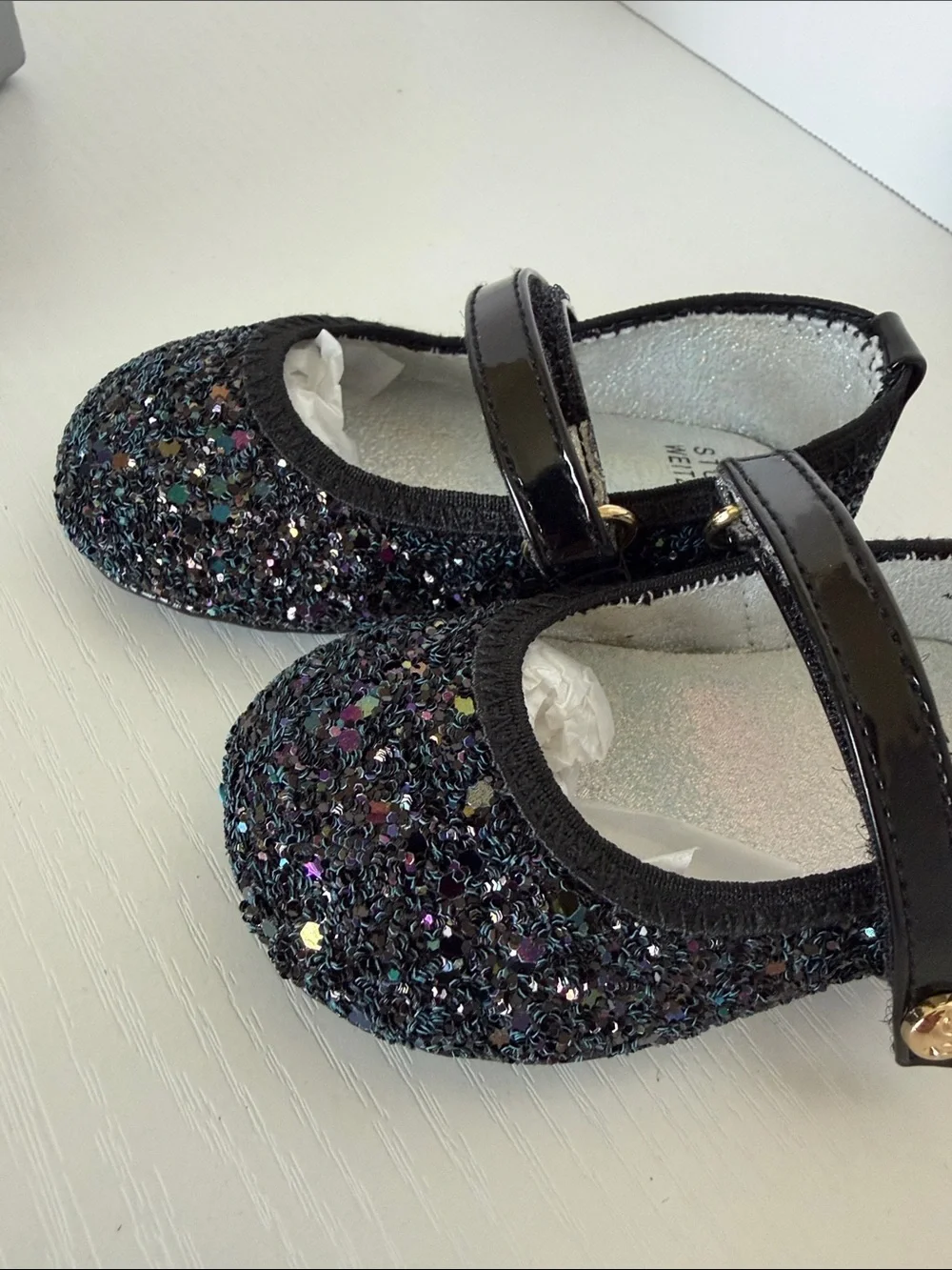 Stuart Weitzman Baby Dancer NEW! Black Sparkle Mary Jane with Gold Accent size 3